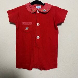 Lione Vintage Red Baby Romper Snail Embroidery Peter Pan Collar Size 3 Months